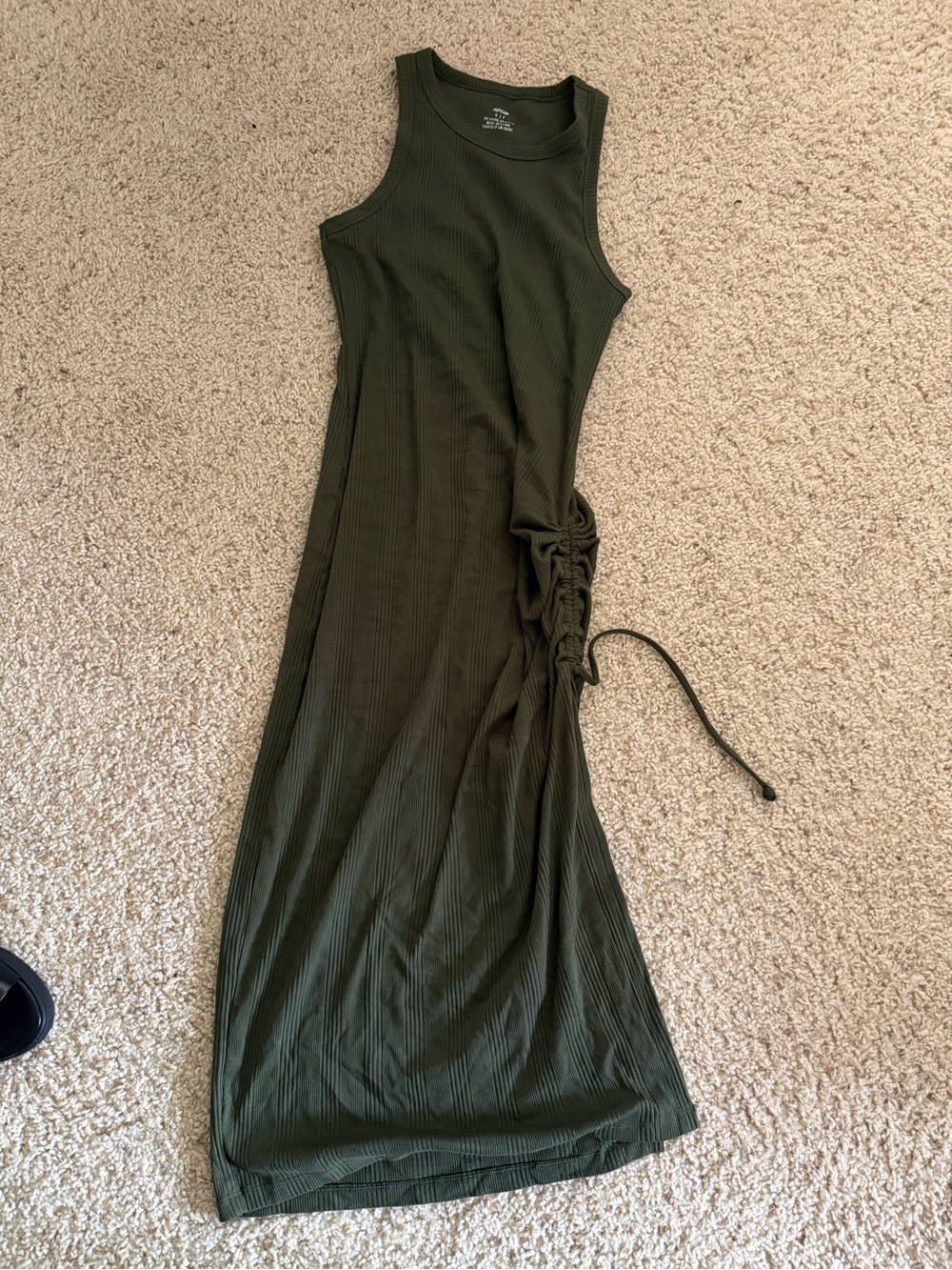 aerie Olive Green Ribbed Tank Maxi Dress with Side Ruched Tie